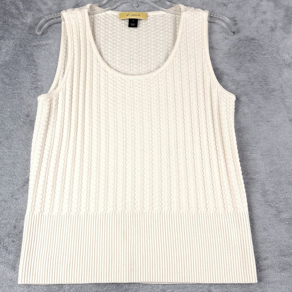 St. John Size M Cream 100% Wool Sleeveless Knit Top Scoop Neck Pointelle Ribbed
